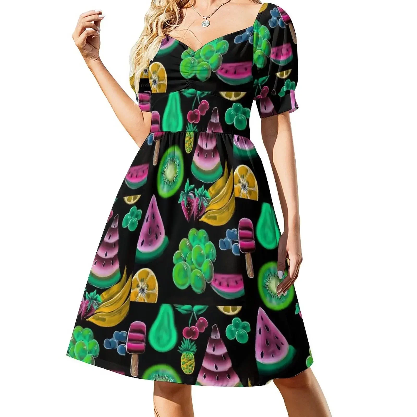 Vestido Tutti Fruity de manga corta Ropa mujer Vestidos de fiesta para mujer Vestido largo mujer Conjuntos de playa para mujer