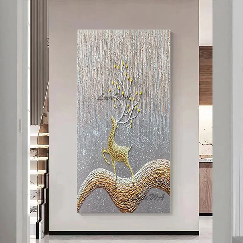 

Gold Foil Painting European Style Decoration Abstract Art Animal Picture Wall Poster Unframed Deer Scenery Hand Drawing Artwork