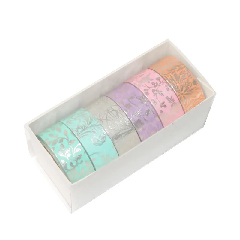 6pcs 실버 호 일 꽃 Washi 테이프 세트 15mm * 5m 꽃 접착제 마스킹 테이프 장식 스티커 일기 앨범 F7044