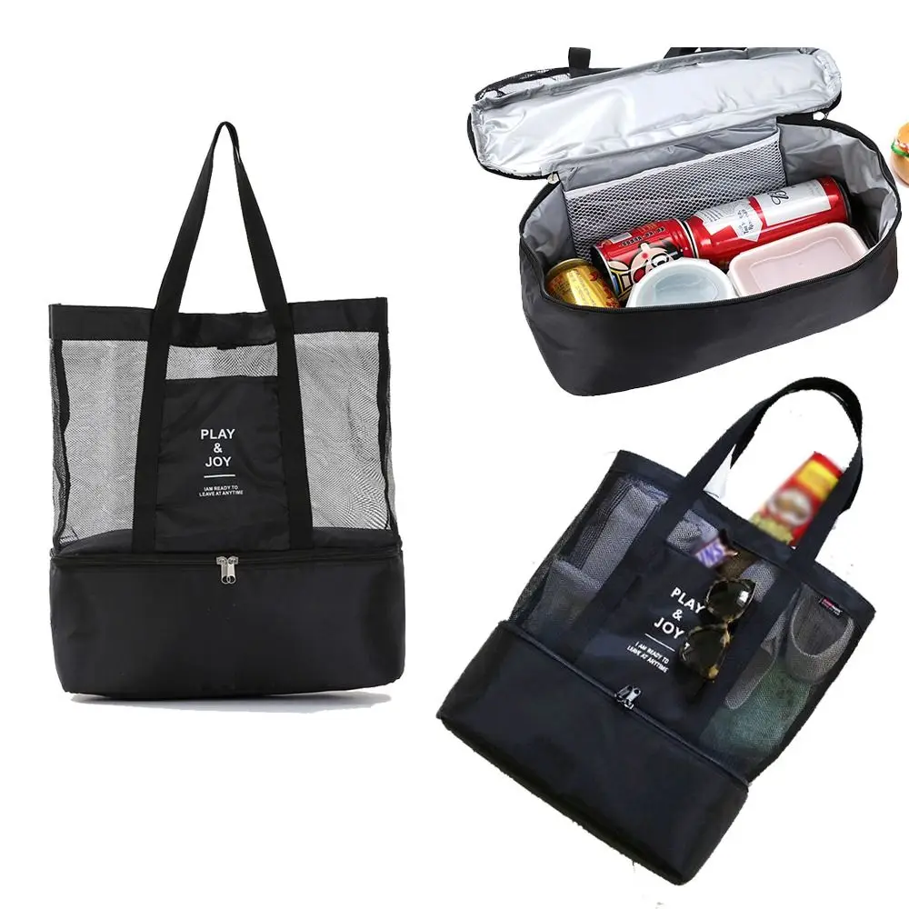 

2 in 1 Picnic Bag with Cooler Mesh Beach Bag with Zipper Multifunction Large Picnic Fresh-Keeping One-Shoulder Storage Bag