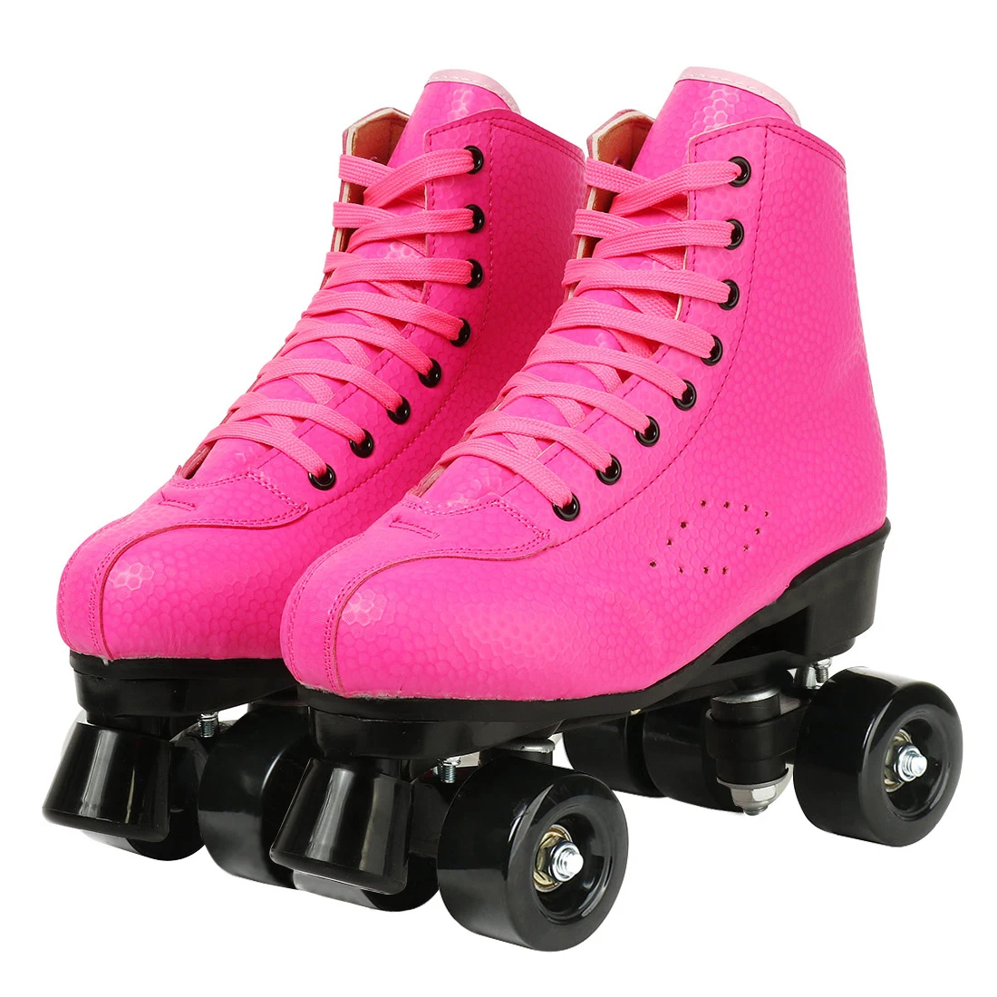 Details about   Double Row Roller Skate Genuine Leather Black Boot Pink 4 Wheels Skating Shoes 