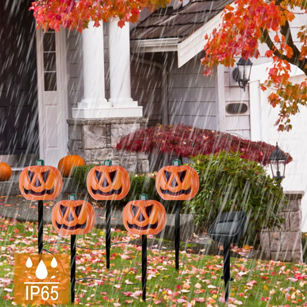 5 Pack Solar Halloween Pumpkin Stake Lights Waterproof Jack-O-Lantern Yard Stakes Garden Solar Lights Jack-O-Lantern Solar Lamps