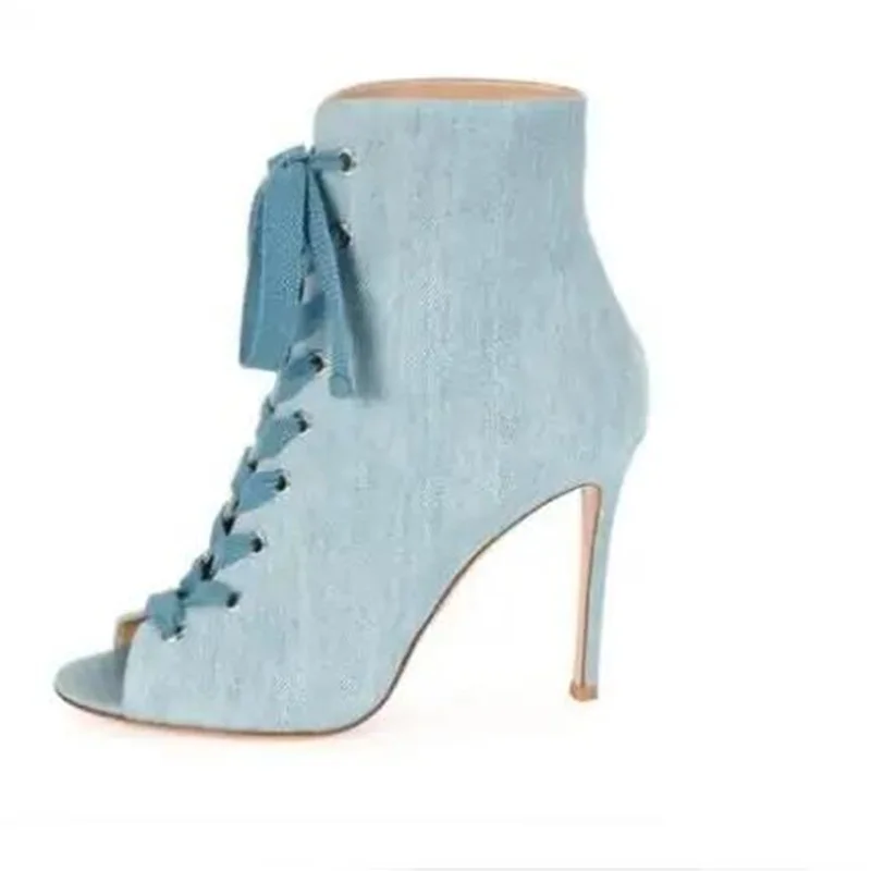 

Hot Selling Denim Peep-toe Ankle Boot Lace-up Front Stiletto Heel Gladiator Sandals Bootie For Women Jean Dress Shoes Size 10