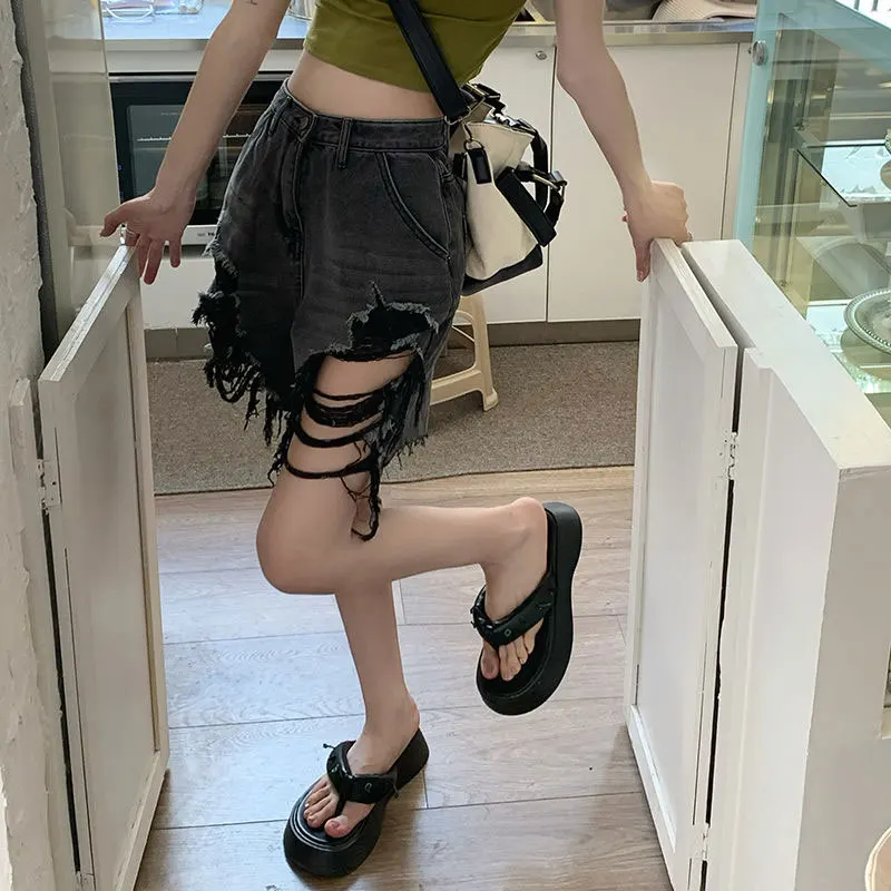 Korean Fashion Irregular Hole Jeans Female Clothing American Retro Summer Thin High Waist Button Zipper Basic Loose Knee Pants