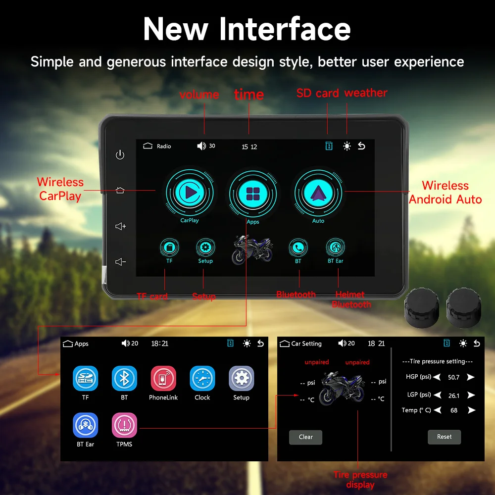 Motorcycle Monito GPS Navigation Multimedia Player Wireless CarPlay Android Auto IPX7 Waterproof Screen Bluetooth Tire Pressure