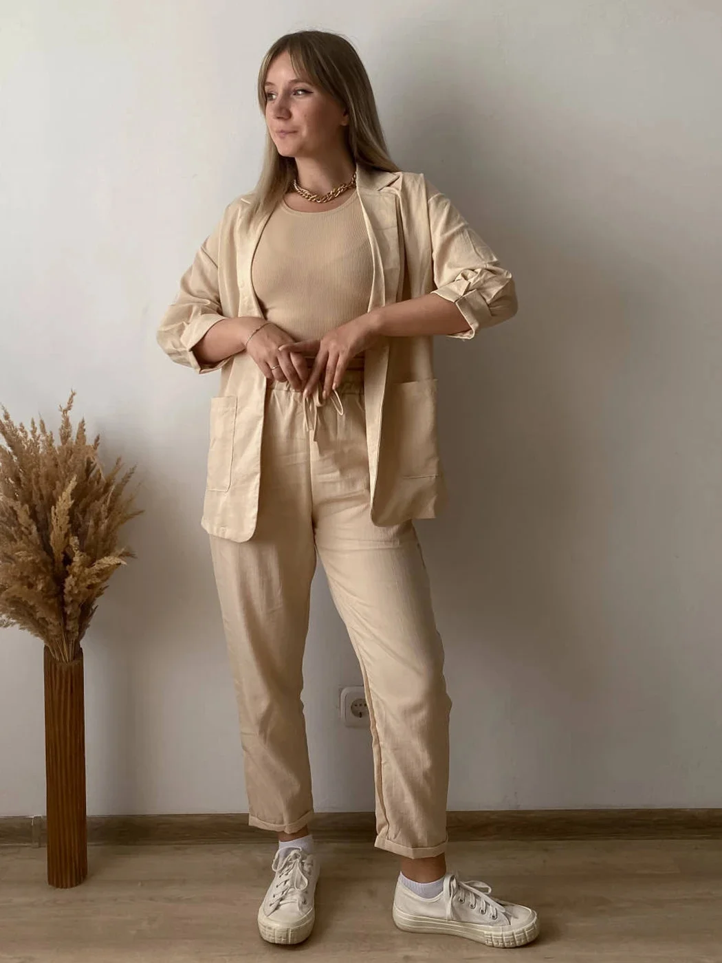 

Summer Fashion Casual Cotton Linen Long Slve Lapel Suit Top+Pants Two Piece Set For Women Spring Chic Elastic Waist Pant Sets