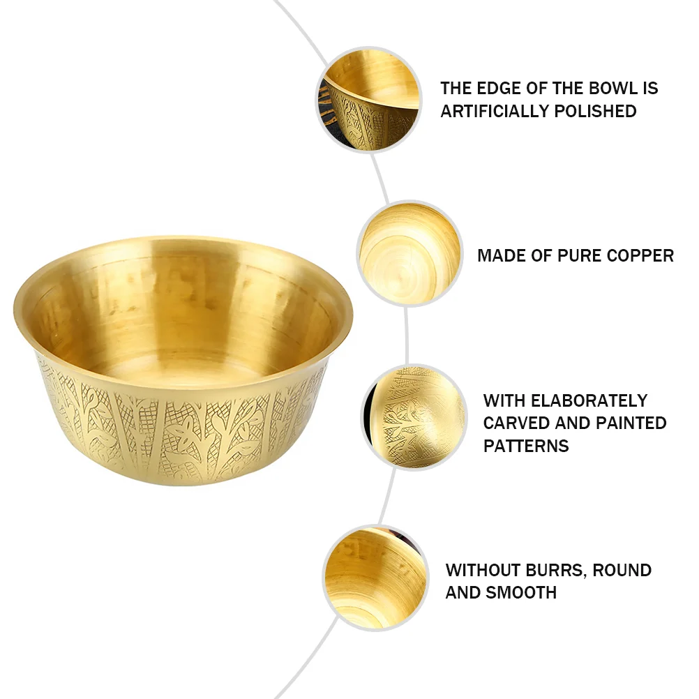 Smooth Copper Golden Bowl Pure Copper Carved Patterns Home Decorative Bowls Buddhist Offering Statue Sculpture Religious 3