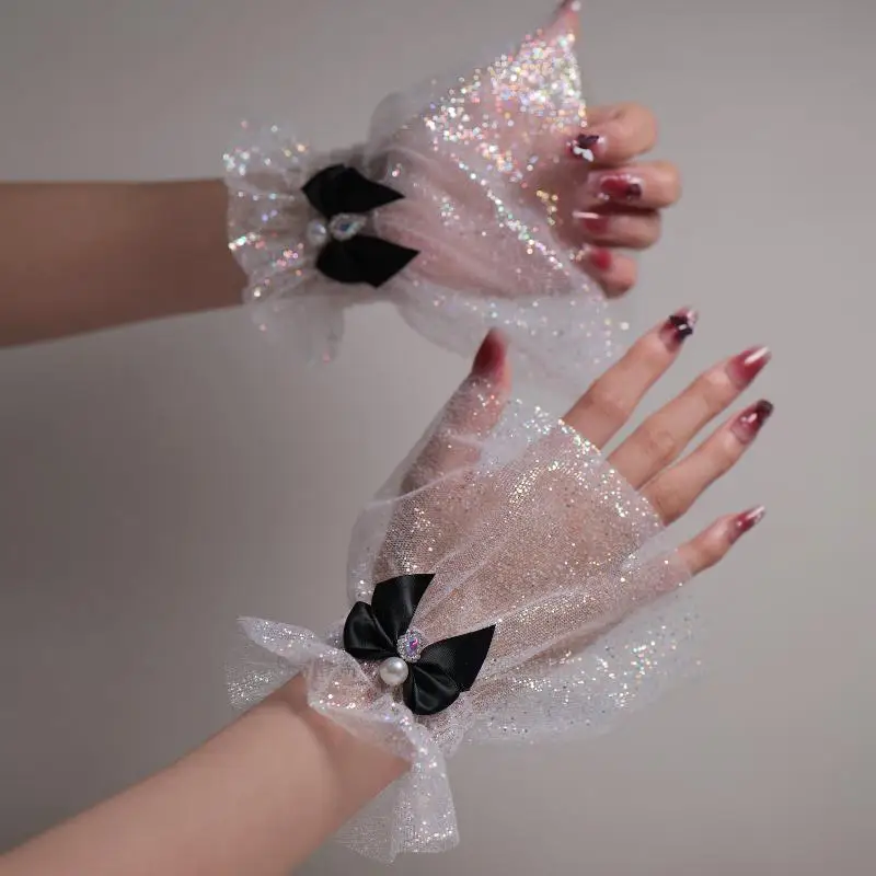 Attrezzatura fotografica per unghie Fiocco corto Polso in rete Maniche finte Polsino falso decorativo per sposa Articolo in tulle Nail art Scatta foto di sfondo - immagine 2
