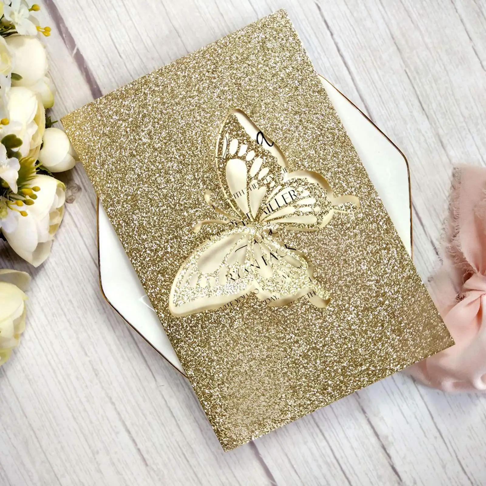 1pcs Navy Blue Rose Gold Glitter Laser Cut Silver Blush Butterfly Birthday Wedding Invitation Card Quinceanera Black Invitations