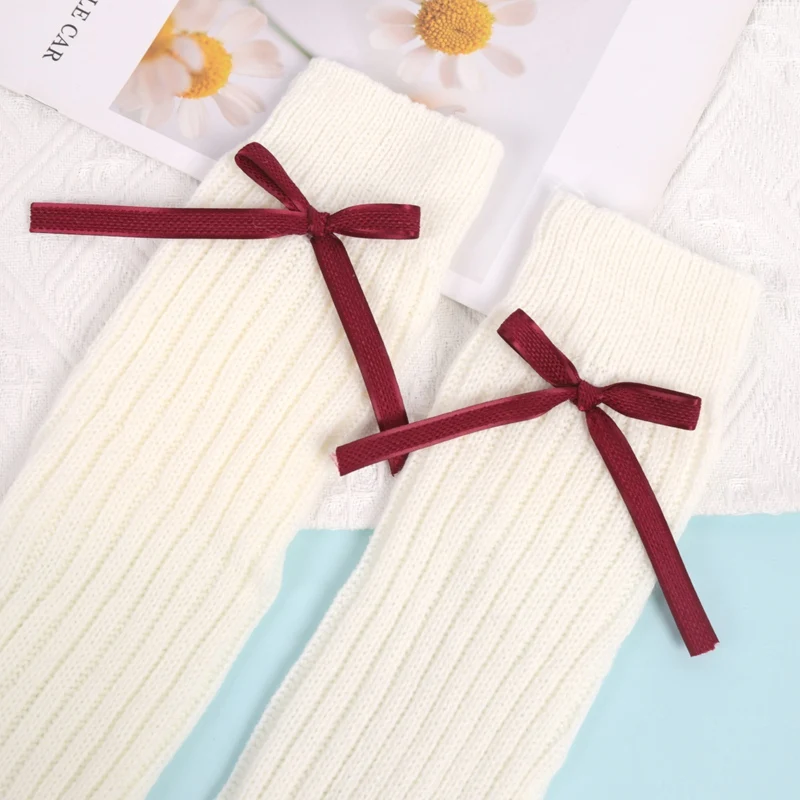 Women Leg Warmers Lolita Girls JK Uniform Socks Female Knitted Warm Foot Cover Sweet Burgundy Bow Winter Versatile Elephant Sock