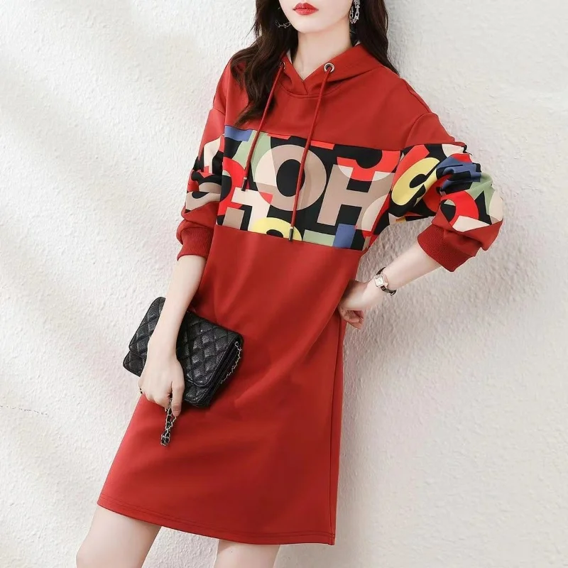 

2023 Autumn New Fashion Casual Large Size Long Thin Splicing Print Solid Color Simplicity Hoodie Long Sleeve Loose Dress Women