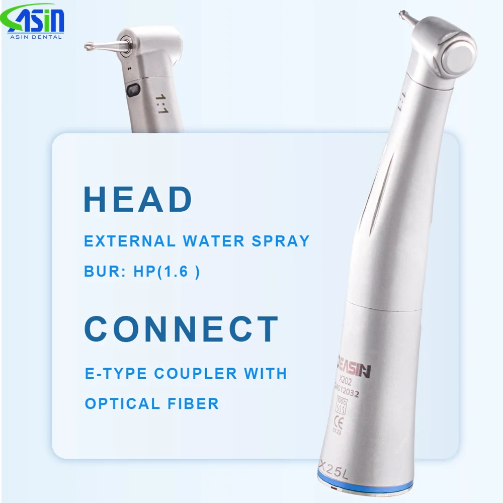 

DEASIN Dental Lab Low Speed Handpiece LED Fiber Optical Handpiece Contra Angle Water Spray X25L 1:1 Blue Ring Push Button Chuck