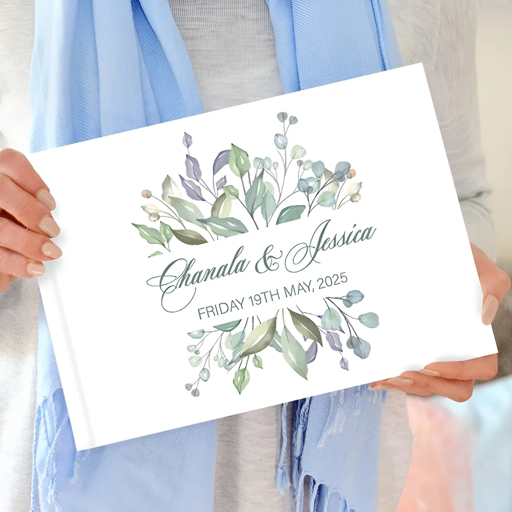 Personalized Wedding Guest Book White Wedding Guest Book with Floral Green Leaf Name Date Scrapbooking