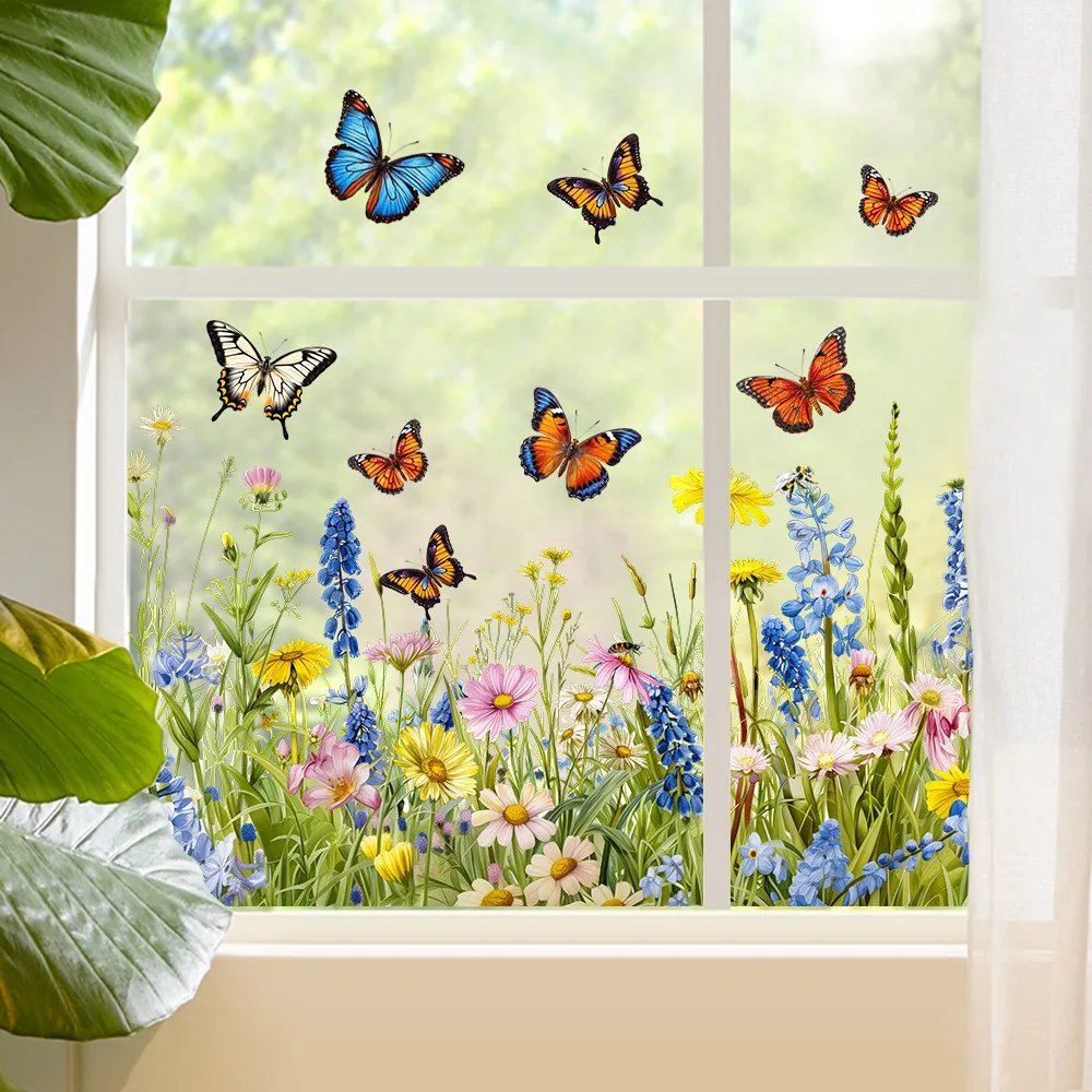 Butterflys Flowers Plants Printed Window Decorative Stickers Self-Adhesive Living Dining Room Bedroom Kitchen Glass