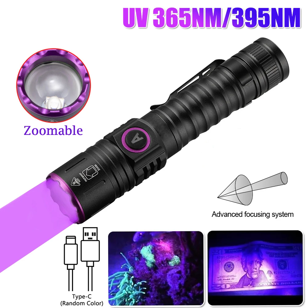 

F2 5W Mini 365nm 395nm UV Flashlight Zoom Ultraviolet Blacklight USB Rechargeable Purple Torch Pet Cat Dog Stains Urine Detector