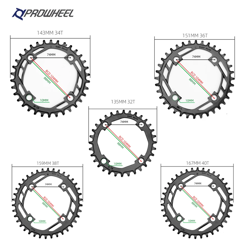 Prowheel Mountain Bike Round Sprocket 104BCD-32T 34T 36T 38T 40T steel plate bike chainring bicycle parts Bike chainring Compatible: 1X7/8/9/10/11 speed