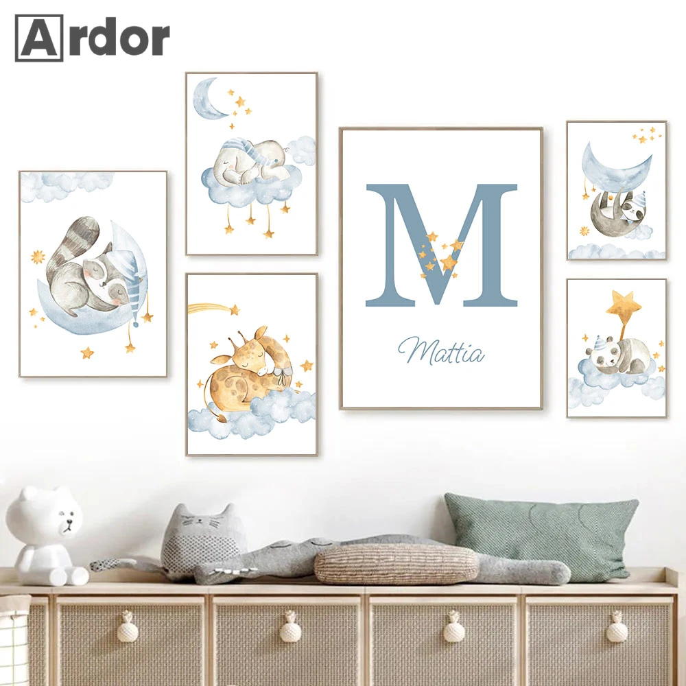 

Blue Moon Cloud Custom Name Wall Art Canvas Painting Nursery Poster Elephant Giraffe Print Nordic Wall Pictures Baby Room Decor