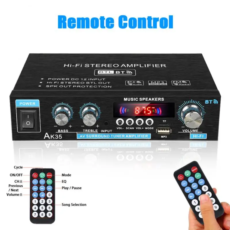 AK35 AK380 800W Home Power Amplifiers 2 Channel Bluetooth 5.0 Surround Sound FM USB Remote Control Mini HIFI Digital Amplifier