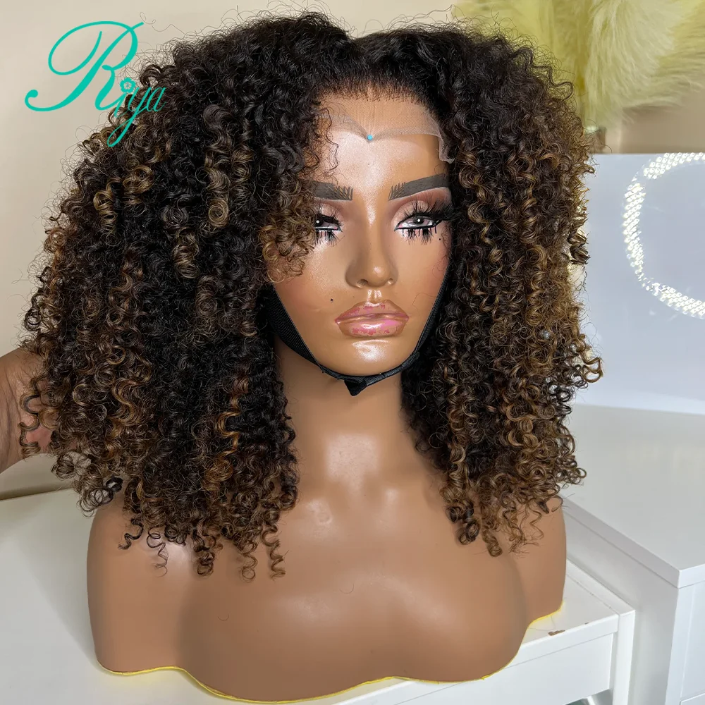 Brazilian Human Hair Coily Curly Wig Kinky Curly 13x6 Lace Frontal Wigs Remy 360 Full Lace With Bangs Omber Brown Color