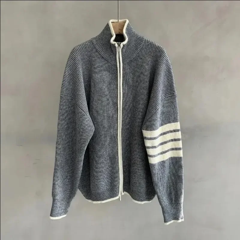 

TB Image shop Men's Cardigan Sweater Casual Knitted Coat high collar Autumn Contrasting Color Four-Bar Wool Stripes