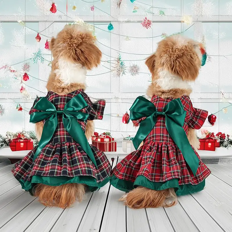 Christmas Plaid Dog Dress Classic Holiday Pet Outfit With Ruffle Sleeves, Festive Apparel For Small Dogs & Puppies Poodle Winter_voghion.com