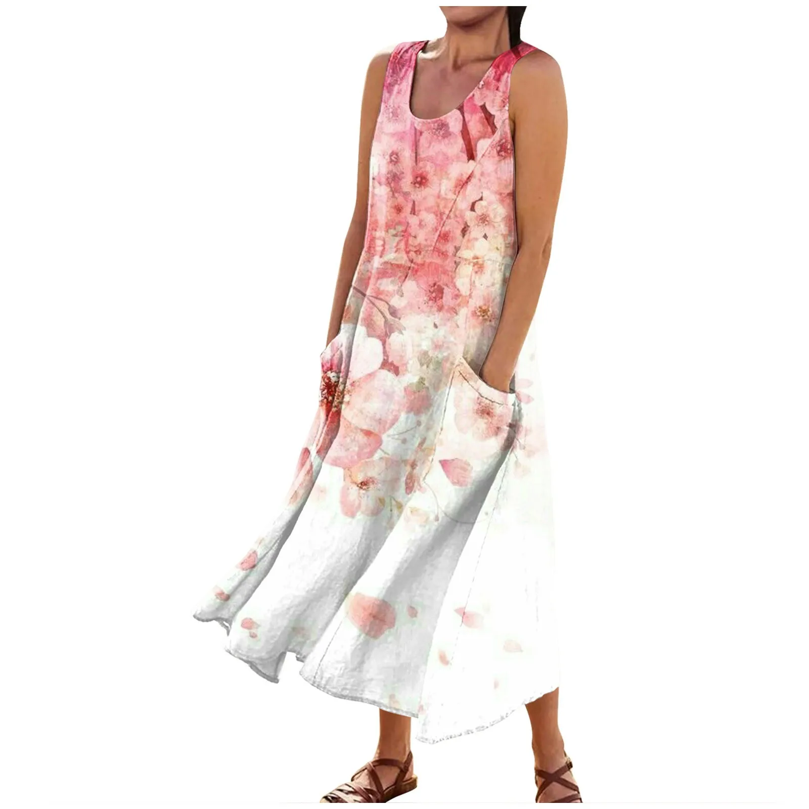 

2024 Women'S Summer Casual Fashion Printed Sleeveless Round Neck Pocket Dress Summer Dress Ropa De Mujer платье женское летнее