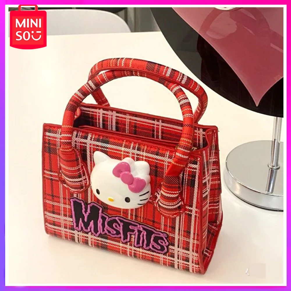 

2024 Miniso Sanrio Hello Kitty Tote Bag Vintage Y2K Millennium Spice Girl Check Crossbody Bag Kawaii Red New Year Birthday Gift