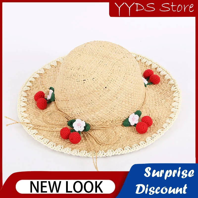 Hand Woven Children's Straw Hat Parent-child Big-brimmed Sunscreen Hat Three-dimensional Strawberry Decorated Raffia Straw Hat