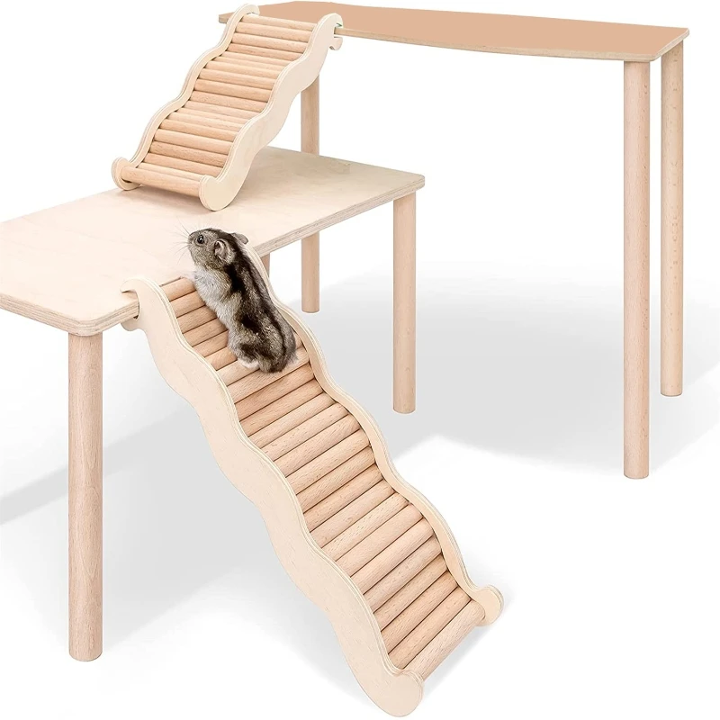 Hamster Hangbrug Speelgoed, Houten Ladder Buigbare Klimladder Kauwspeelgoed met Kralen voor Hamster Muis Chipmunk en Andere Kleine Dieren