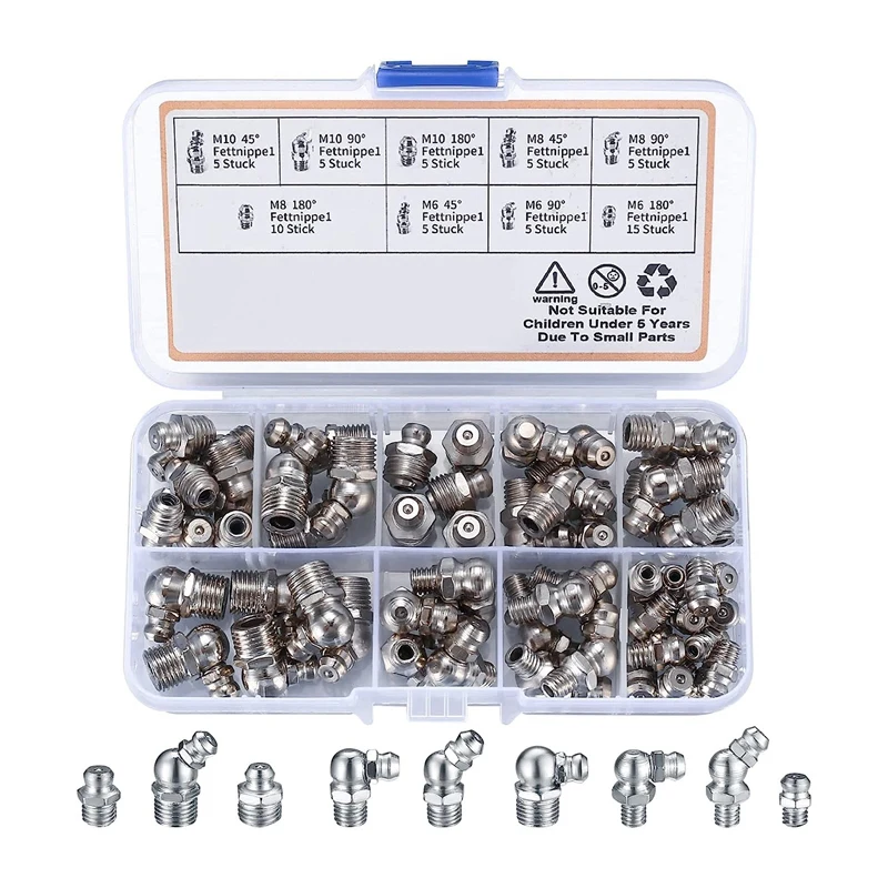 

60 Piece Metric Grease Fittings Kit Metal M6 M8 M10 45 90 Degree Hydraulic Grease Zerk Assortment For Angled Grease Mechanical