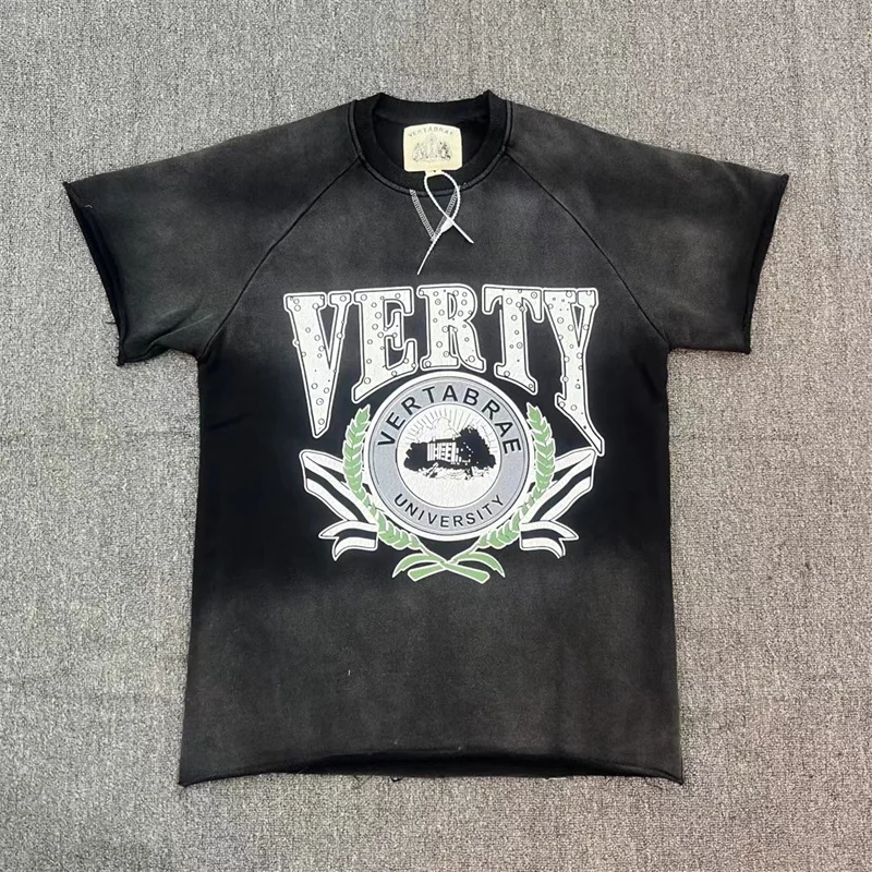 

VERTABRAE UNIVERSITY Trendy Black Retro Washed Old Short T