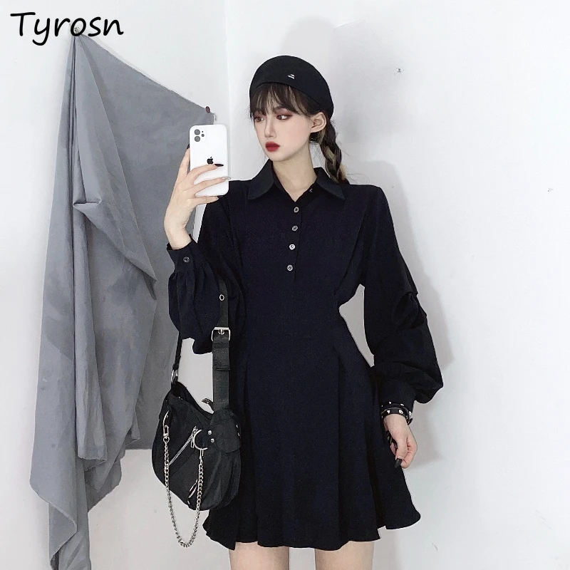 

Mini Dresses women Solid Causal Loose Elegant Lantern Sleeve Trendy Korean Style Chic Streetwear All-match Girls Pleated Simple