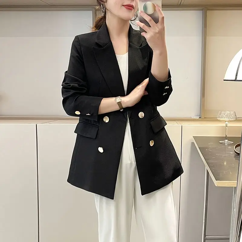 Women Korean Fashion Elegant Solid Slim Double Breasted Blazer Spring Autumn Office Lady Business Casual Long Sleeve Suit Jacket