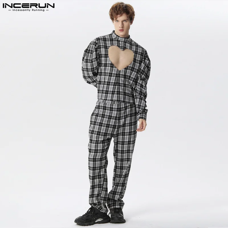 

INCERUN Men Plaid Sets Stand Collar Puff Long Sleeve Hollow Out Shirt & Pants 2PCS Streetwear 2024 Fashion Men's Casual Suits
