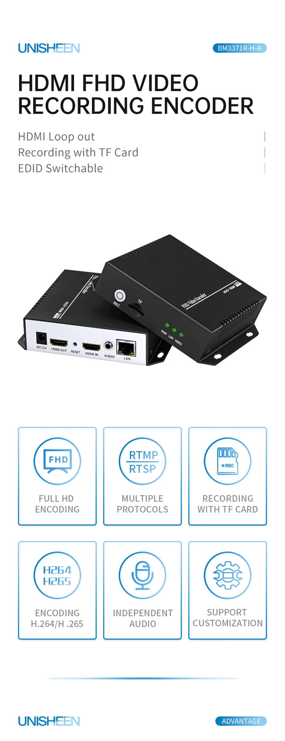 One Key Recording H265 HEVC H264 Live Stream IPTV Transmitter ONVIF RTSP SRT RTM