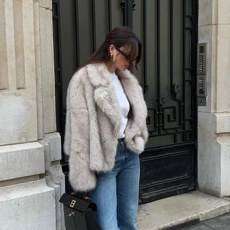 Autumn Winter Faux Fur Coat  Suit Collar Thickened Warm Fluffy CoatShort Street Style Fox Fur Jacket Peludo Chaqueta Mujer 6