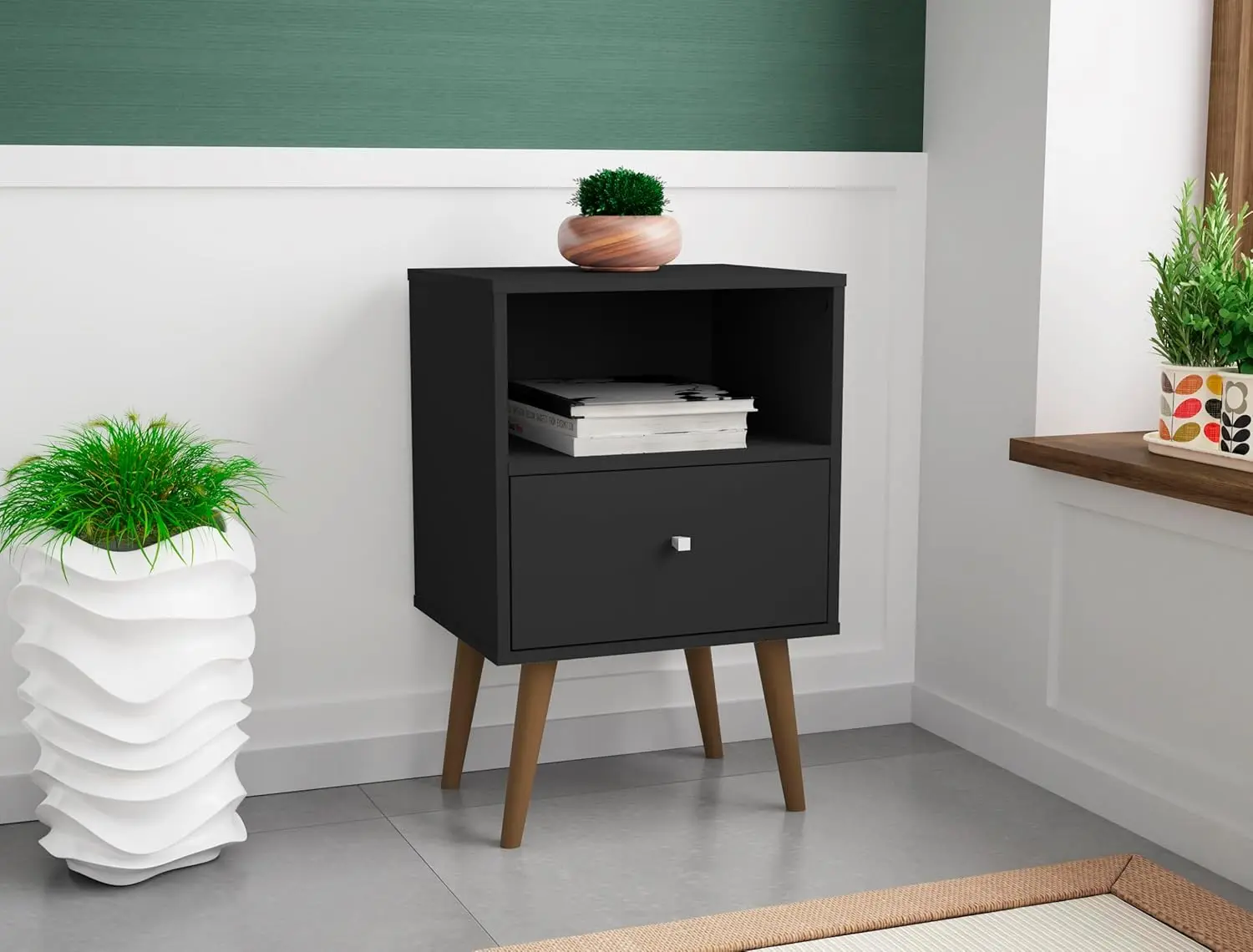 Liberty Mid Century Modern Nightstand with Drawer & Cubby, Bedside Table for Bedroom/Living Room, Black, Easy Assembly