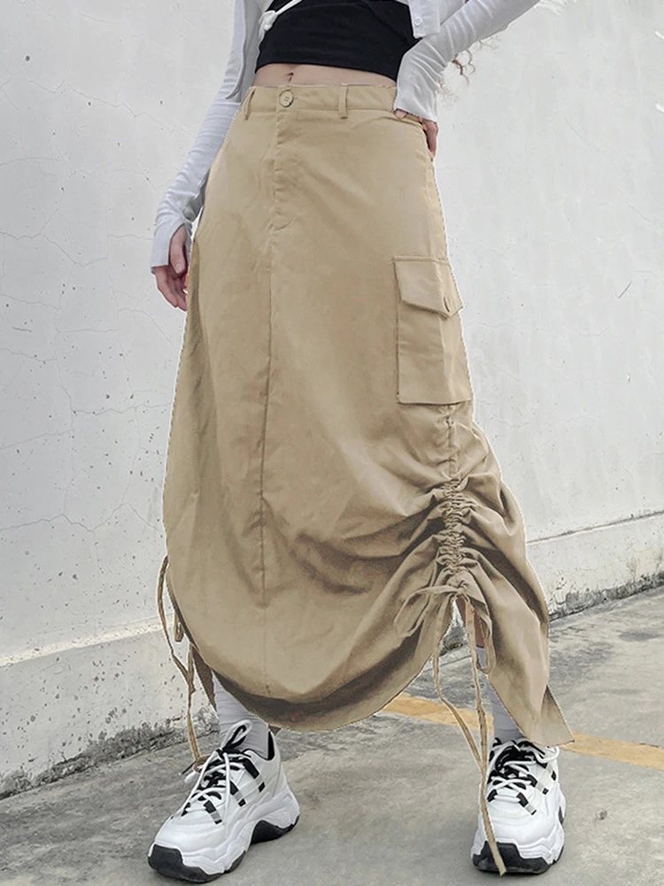 

Vintage Y2K Skirts Women Irregular Side Pleated Skirt Lady Harajuku High Waisted Long Skirts Female Spice Girl Skirt Streetwear