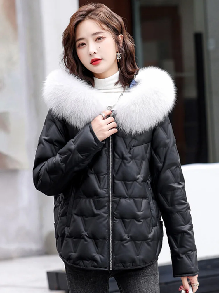 New Women Leather Down Jacket Autumn Winter Casual Fashion Hooded Real Fox Fur Collar Loose Sheepskin White Duck Down Coat