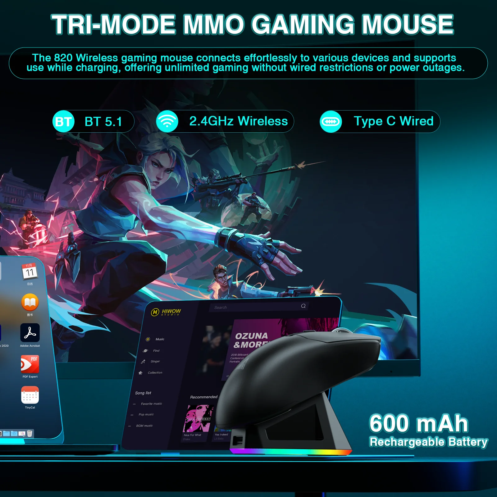 SOLAKAKA SM820 트라이 모드 무선 마우스 자기 충전식 도크 RGB PAW3311 24000DPI 무선 매크로 게임용 마우스  초경량-Freehip.co.kr