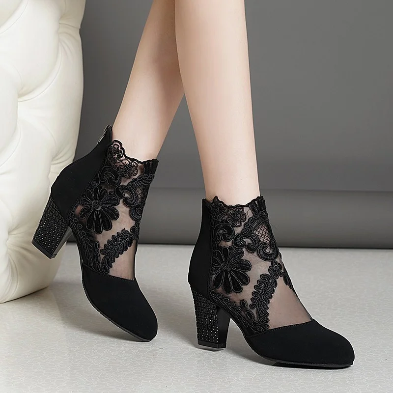 Sandalias De tacón alto con correa en el tobillo para Mujer, Zapatos De tacón con cremallera y punta redonda, a la moda, novedad De 2023
