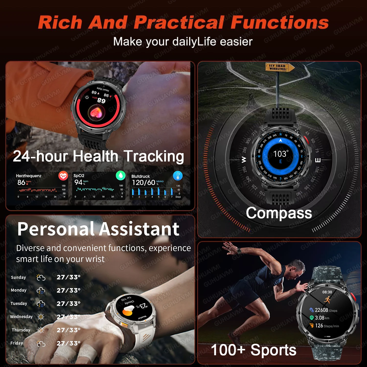 New Men Military 1100mAh Ultra Durable Battery Smart Watch Flashlight Bluetooth Call 5ATM Waterproof Sports Fitness Smartwatches