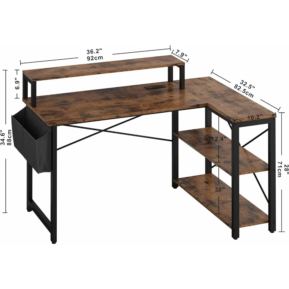 L Shaped Desk with Charging Station and Storage Shelves, 47-inch Corner Computer Desk with Monitor Stand, Study Table for Home