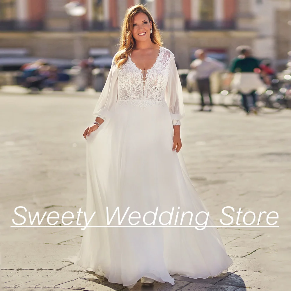 

Chiffon Plus Size Wedding Dress Elegant Puff Sleeves Deep V Neck See Through Lace A Line Bridal Gown for Bride Vestido De Noiva