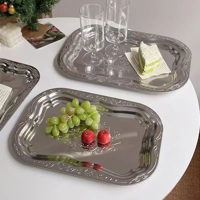 Stainless Steel Rectangular Tray with Embossed Design for Kitchen Living Room Storage Durable Fruit Snack Cake Serving Dish 1PCS