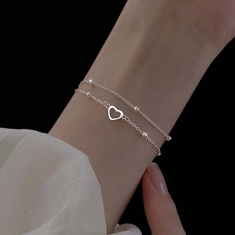 Fashion Silver Color Double Layer Love Heart Bracelet for Women