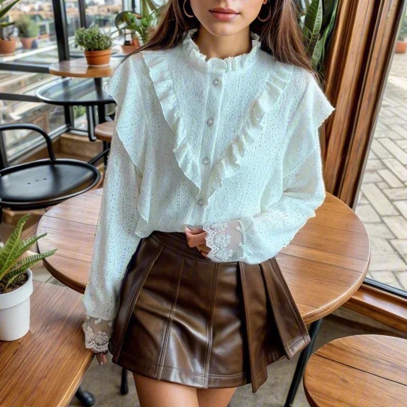 

Women Tops Apricot Clothes Autumn Sweet Ruffles Button Shirts New Elegant Fashion Spliced Long Sleeve Lace Blouse Blusas 29751