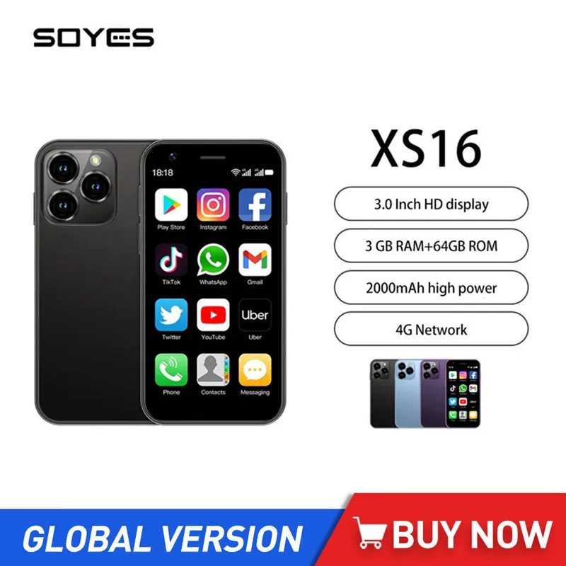 SOYES XS16 4G Mini Smartphones 3Inch Display Quad Core 3GB+64GB Android 10 Mobile Phone 2000mAh 5MP Camera Dual SIM Small Phone 2020 s26u mobile phone 6 7 8g ram 256gb rom dual sim 16mp front camera mtk6799 ten core os 5g cellphones 5600mah smartphones