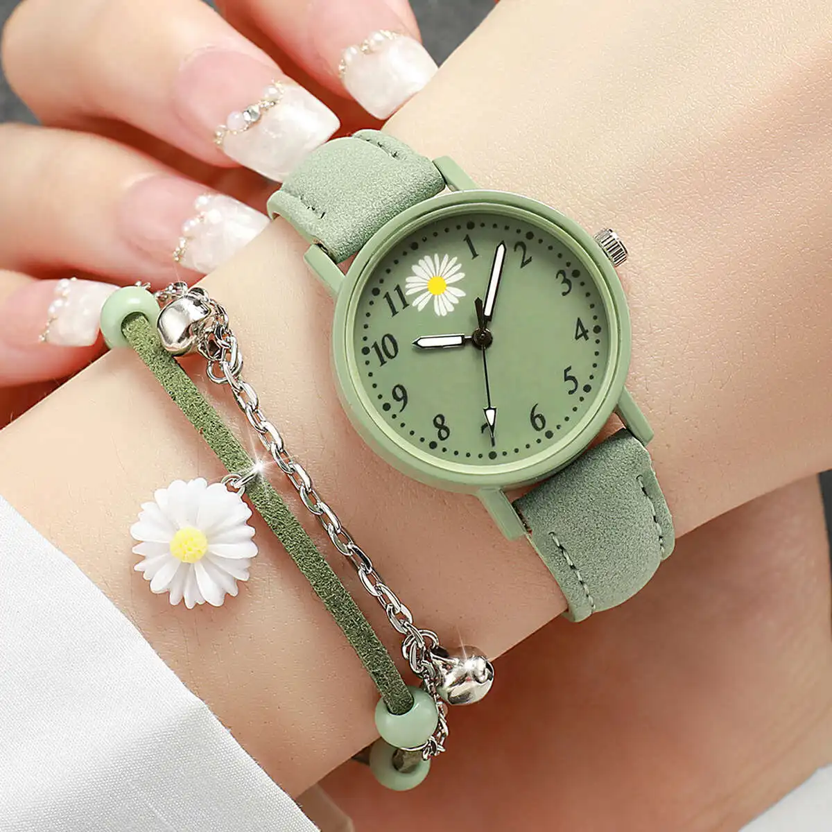 6PCs/Set Women's Retro Watch Set Fashion Simple College Style Student Quartz Leather Watch With Bracelet Set (Box Not Included)