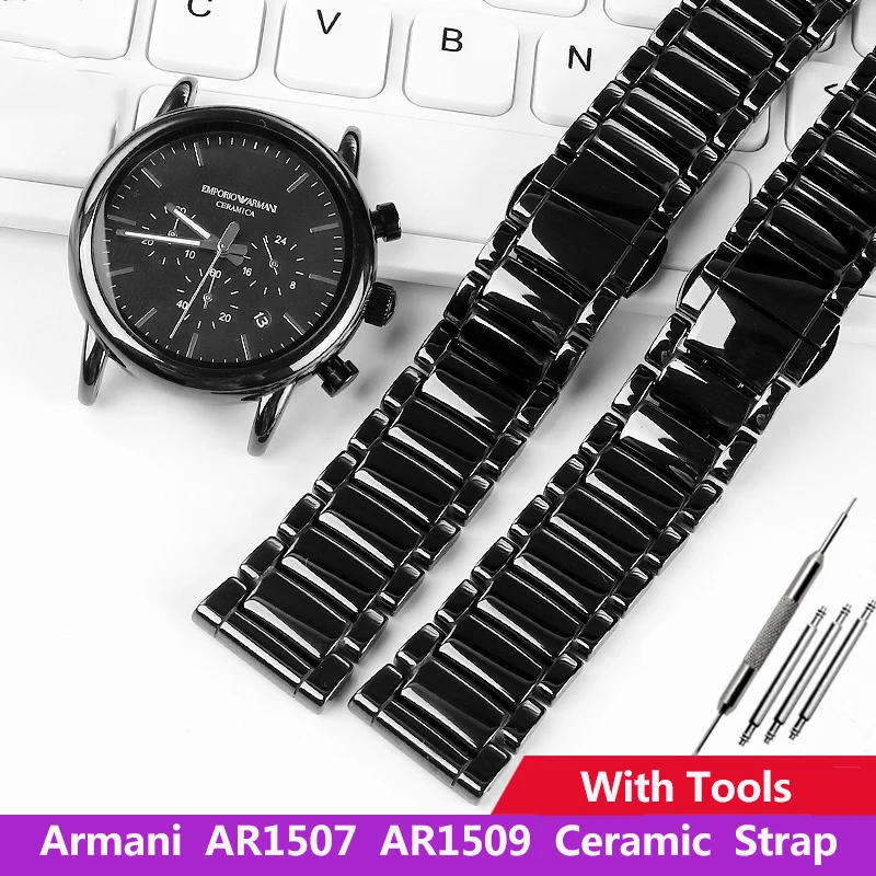 

22MM High Quality Bright Ceramic Set Watch Band Watch Case For Armani AR1507 1509 Black Ceramic Woman‘s Watch Strap Men Bracelet